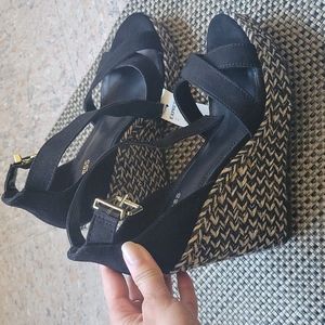 Express Black & Gold Wedge Sandals